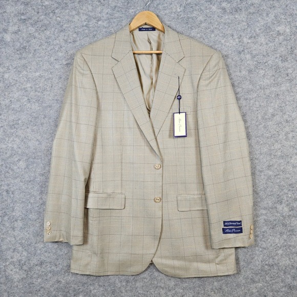 Alan‎ Flusser Men's Beige Houndstooth Windowpane Size 42L NEW Blazer Silk & Wool